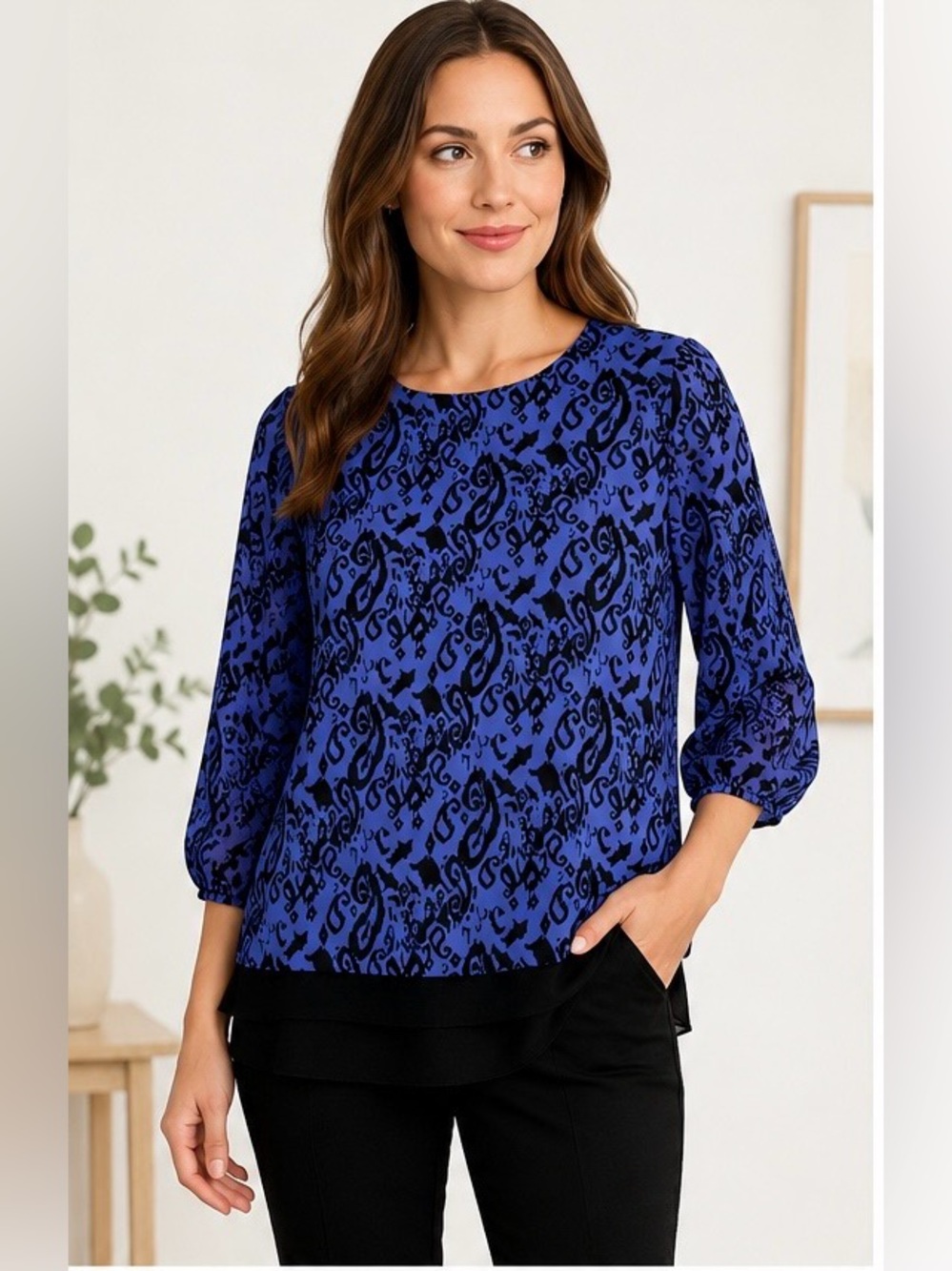 AGB Sheer Layered Blouse Small Blue Black Abstract Paisley 3/4 Sleeve Made USA